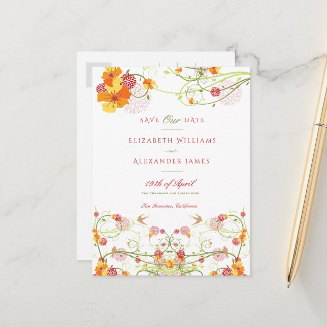 Cartão Postal Hibiscus Amarelo e Floral Engolido Salvar a Data (Frente/Verso In Situ)