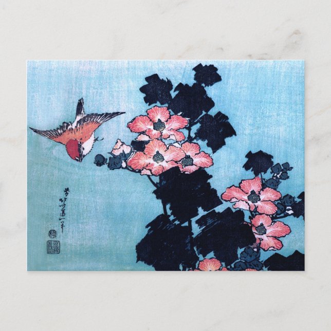 Cartão Postal Hibiscus e Sparrow, Hokusai (Frente)