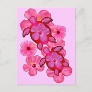 Cartão Postal Hibiscus Rosa E Tartarugas Honu