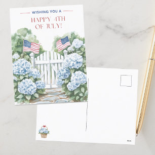 Cartão Postal Hidrângeas Azuis em Aquarela Feliz 4 de Julho  