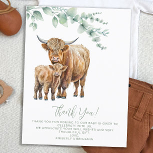 Cartão Postal Highland Cow Boho Greenerse Chá de fraldas Obrigad
