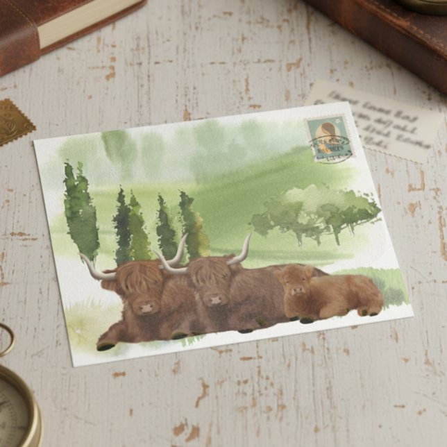Cartão Postal Highland Cow Family Watercolor Scotland (Criador carregado)