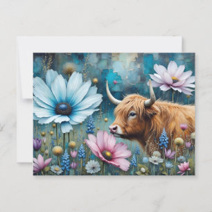 Cartão Postal Highland Cow Floral Colorida Cosmos Tapeçaria II