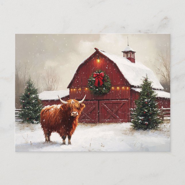 Cartão Postal Highland Cow Red Barn Wreath de Natal (Frente)