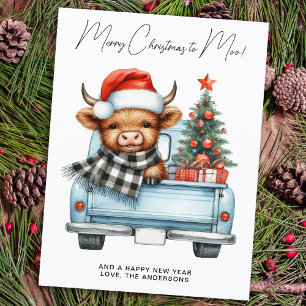 Cartão Postal Highland Cow Vintage Blue Truck Feliz Natal
