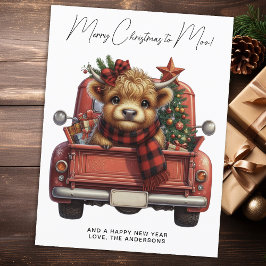 Cartão Postal Highland Cow Vintage Red Truck Feliz Natal