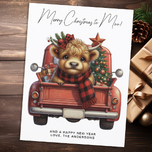 Cartão Postal Highland Cow Vintage Red Truck Feliz Natal