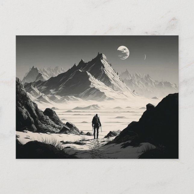 Cartão Postal Hiker Solitário Negro e Branco nas Montanhas do De (Frente)