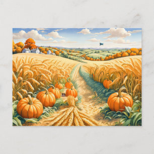 Cartão Postal Hilly Landscape with Wheat Field and Pumpkins