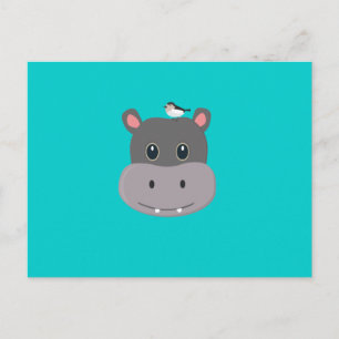Cartão Postal hipopótamo bonito com pássaro
