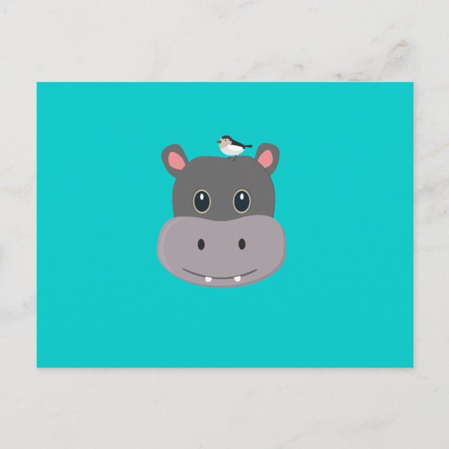 Cartão Postal hipopótamo bonito com pássaro (Frente)