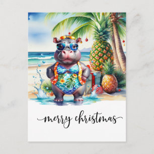 Cartão Postal Hipopótamo do Havaí celebrando o Natal na praia