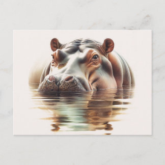 Cartão Postal Hipopótamo Submerso em Aquarela de Água