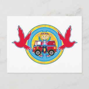 Cartão Postal Hippie Girl com Camper Van & Doves