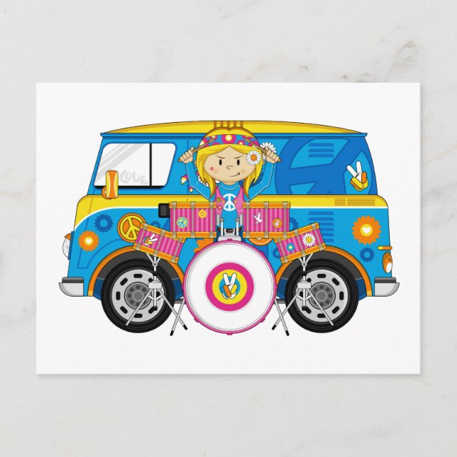 Cartão Postal Hippie Girl com tambores e Camper Van (Frente)