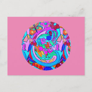 Cartão Postal hippie groovy círculo de amor rosa