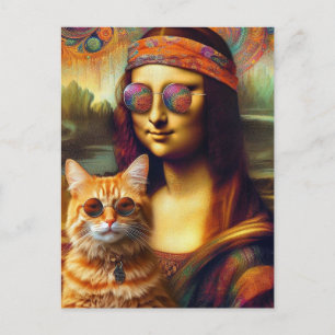 Cartão Postal Hippie Mona Lisa e seu Ginger Cat