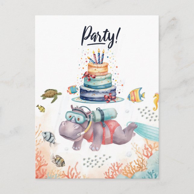 Cartão Postal Hippo Birthday Party underwater (Frente)
