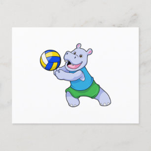 Cartão Postal Hippo como jogador de voleibol com voleibol