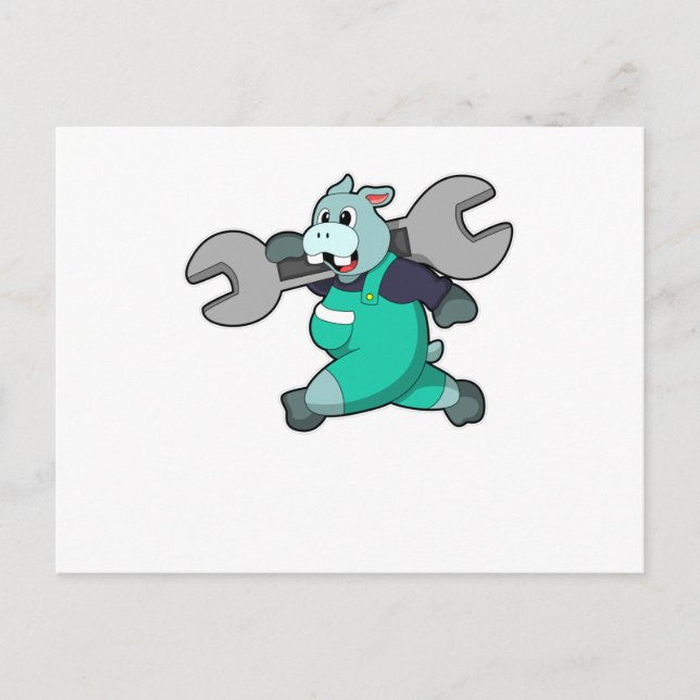 Cartão Postal Hippo como mecânico com chave inglesa (Frente)