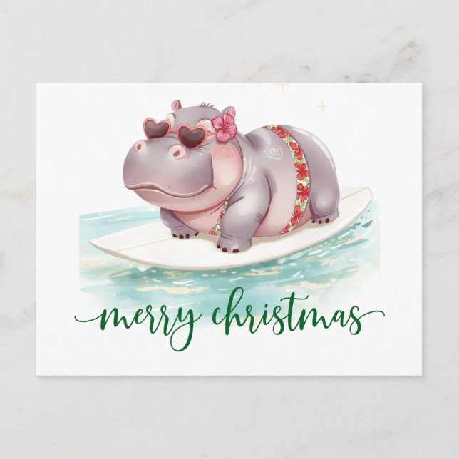 Cartão Postal Hippo Surfer on Surf Board on Christmas Holiday  (Frente)