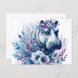 Cartão Postal Hippo Watercolor Arte Floral