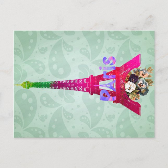 Cartão Postal Hipster Paisley Neon French Paris Eiffel Tower (Frente)