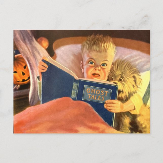 Cartão Postal Histórias fantasma, garoto assustado e cão (Frente)