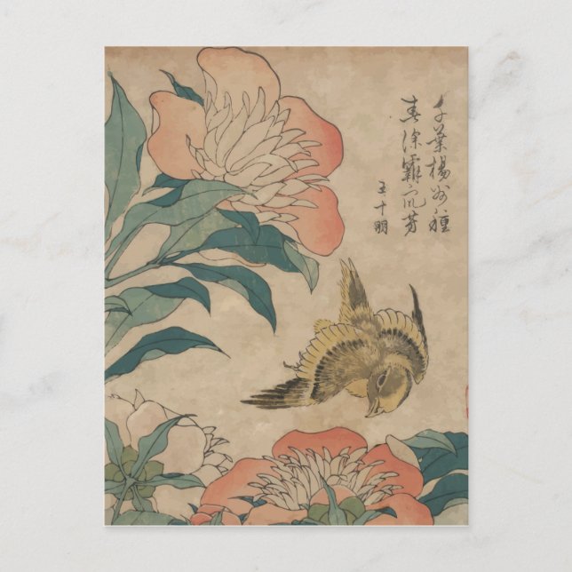 Cartão Postal Hokusai Peony e Canary (Frente)