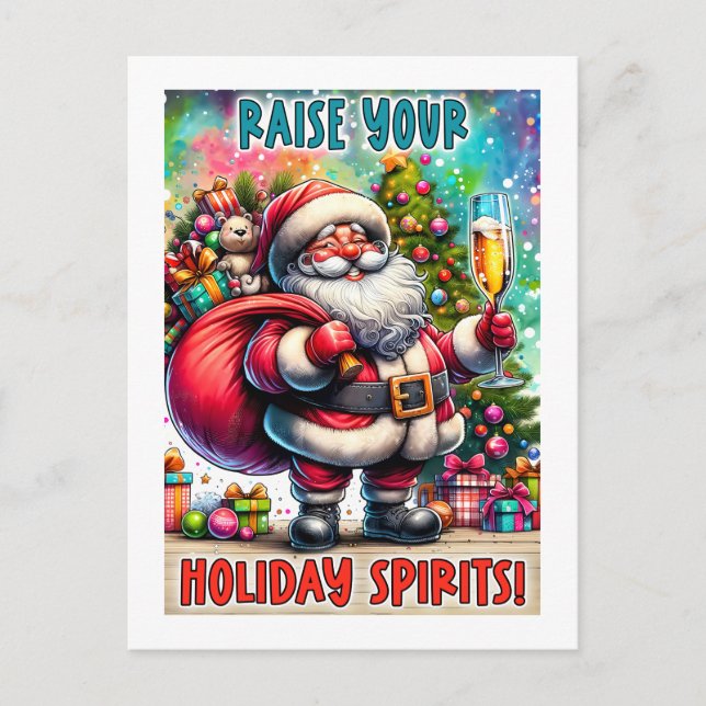Cartão Postal Holiday Party Santa – Champagne, Tree & Teddy Bear (Frente)