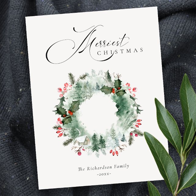 Cartão Postal Holly Berries Pine Tree Red Christmas Wreath (Criador carregado)