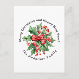 Cartão Postal Holly Berry Candy Cane Christmas Custom text Chic