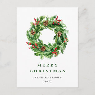 Cartão Postal Holly Berry Pine Cones Wreath de Natal