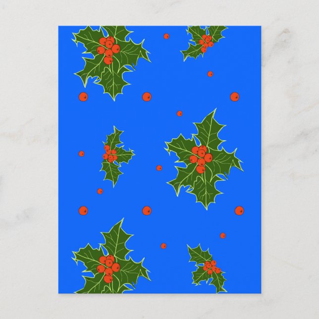 Cartão Postal Holly (Ilex) Motif de Natal em Fundo Azul (Frente)