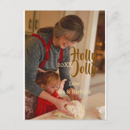 Cartão Postal Holly Jolly family holiday photo beige year naboho