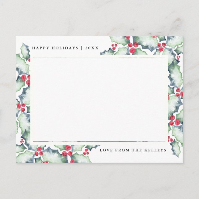 Cartão Postal Holly verde e vermelho, foto de feriado (Frente)