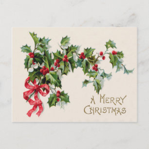 Cartão Postal Holly Winterberry Red Ribbon