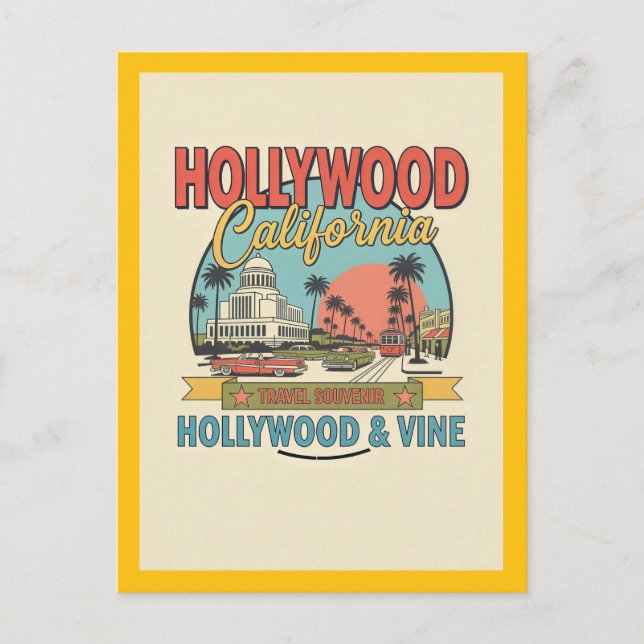Cartão Postal Hollywood, CA – Hollywood e Vine Retro (Frente)