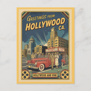 Cartão Postal Hollywood e Vine Vista dos Anos 1940 Estilo Vintag