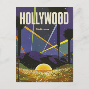 Cartão Postal Hollywood, luzes refletoras à noite, vintage