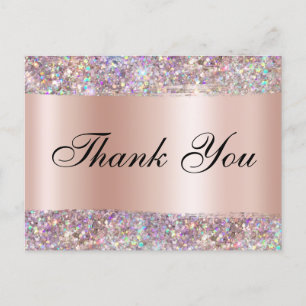 Cartão Postal Holo Brilho Borda Rosa Dourado Folha Obrigado