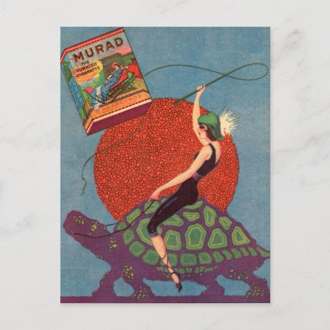 Cartão Postal Homad Cigarro senhora cavalgando tartaruga gigante (Frente)