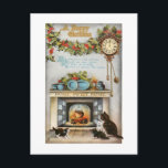 Cartão Postal Home Sweet Home Natal vintage Heart<br><div class="desc">A ilustração da placa de natais vintages restaurados, confortável e nostálgico, apresenta pote pendurado sobre fogo brilhante com quatro gatinhos olhando para cima. A Lareira é decorada para o Natal com um santo festivo e na parede está um relógio de cuco e um poema Home Sweet Home. A parte traseira...</div>