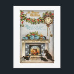 Cartão Postal Home Sweet Home Natal vintage Heart<br><div class="desc">A ilustração da placa de natais vintages restaurados, confortável e nostálgico, apresenta pote pendurado sobre fogo brilhante com quatro gatinhos olhando para cima. A Lareira é decorada para o Natal com um santo festivo e na parede está um relógio de cuco e um poema Home Sweet Home. A parte traseira...</div>
