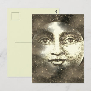 Cartão Postal Homem antigo na face da lua cheia, estrelas e nuve