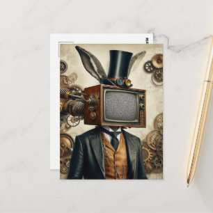 Cartão Postal Homem-Coelho Steampunk Com Cabeça de TV Estática