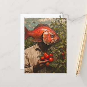 Cartão Postal Homem com Peixe por Cabeça num Jardim de Tomate
