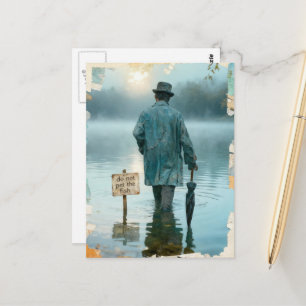 Cartão Postal Homem de Guarda-Chuva Não Acaricie o Peixe Surreal