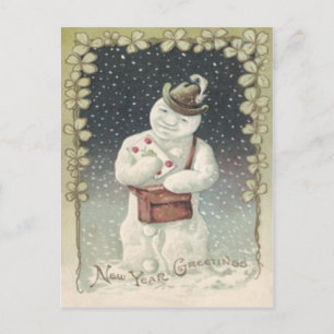 Cartão Postal Homem de Neve Carteiro Carta Trevo de Quatro Folha