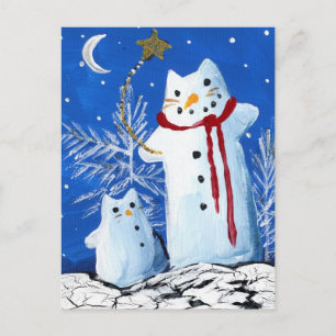 Cartão Postal Homem de neve Cat Desejo em Uma estrela